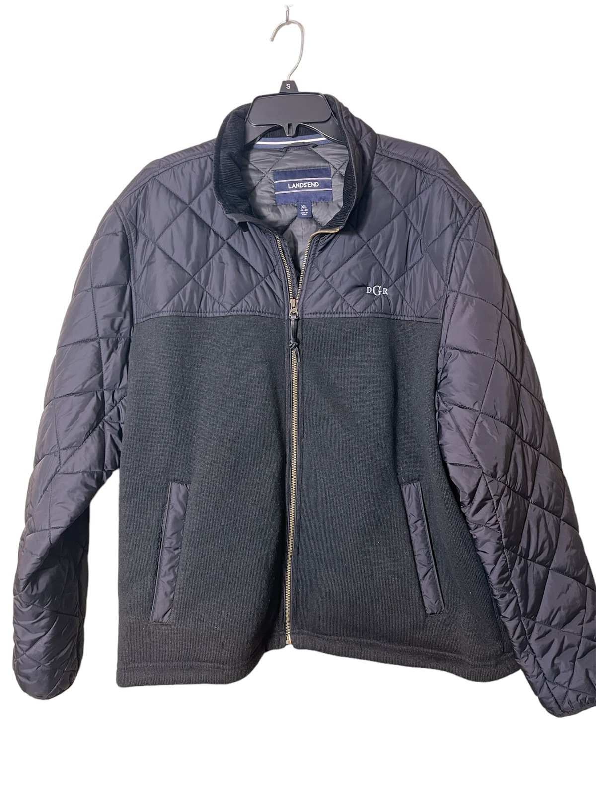 Men’s LANDS’ END Black Quilted Fleece Monogram Zip up Jacket Size XL