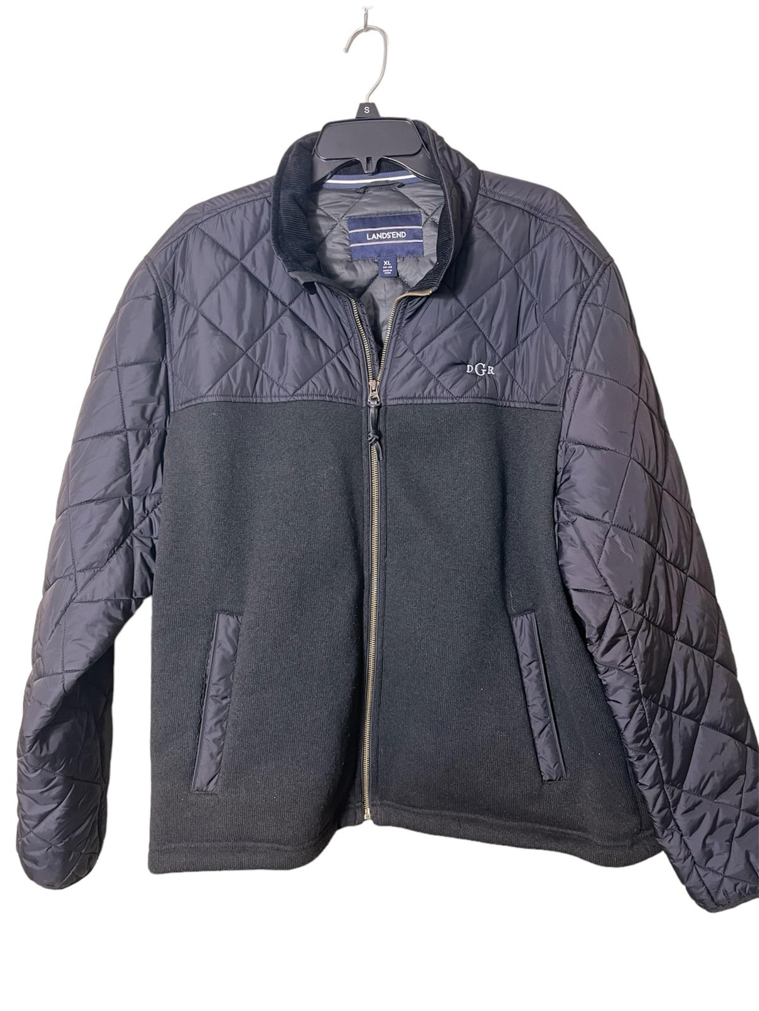 Men’s LANDS’ END Black Quilted Fleece Monogram Zip up Jacket Size XL