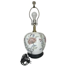 Vintage Lamp Ginger Jar Lotus Chinoiserie Floral Ceramic Painted Asian Wood Base