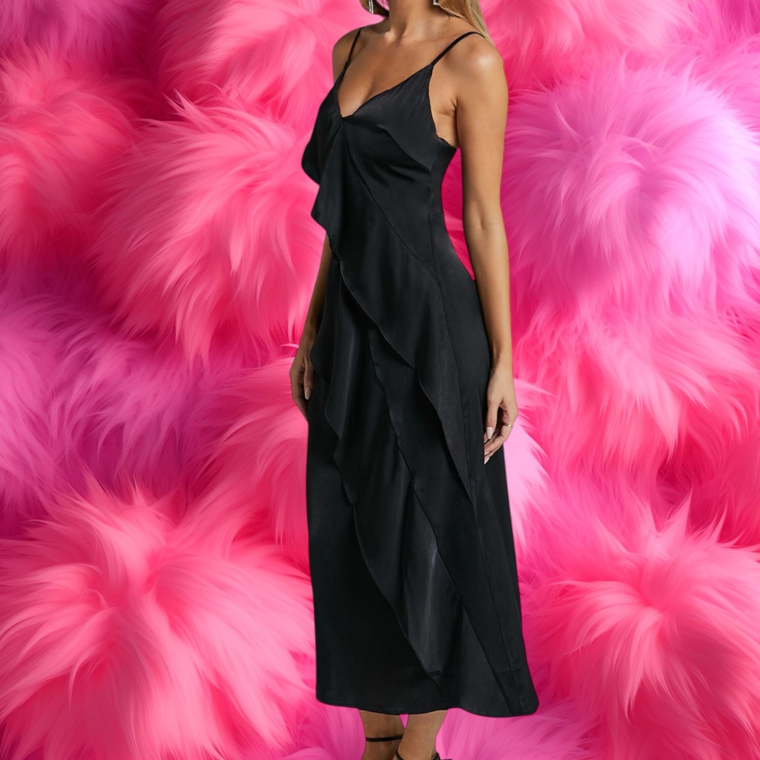 Sample Sale GILLI Satin Black Ruffle Front Sleeveless Midi Dress Women’s S (4/6)