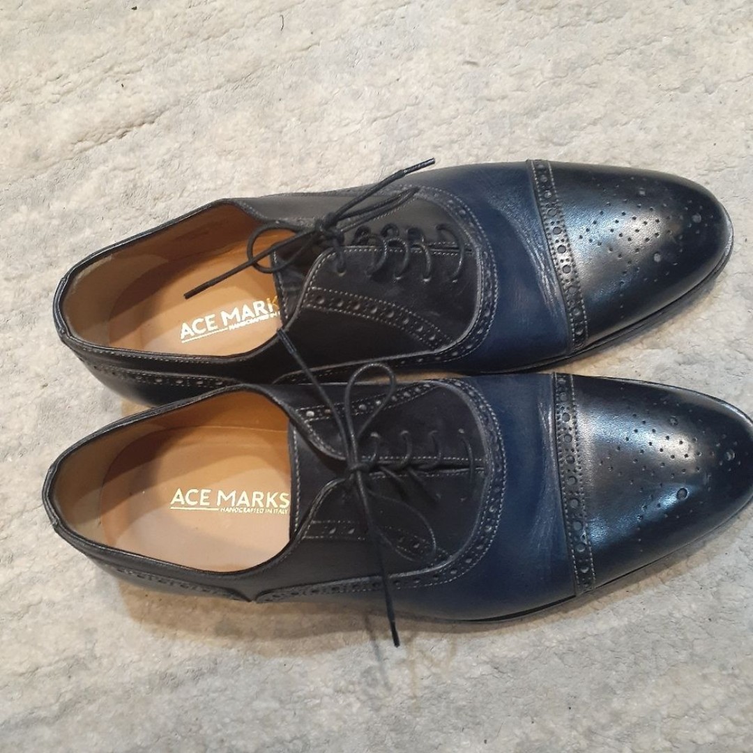 Ace Marks shoes mens 9 B narrow leather wingtip black navy blue acemarks oxford