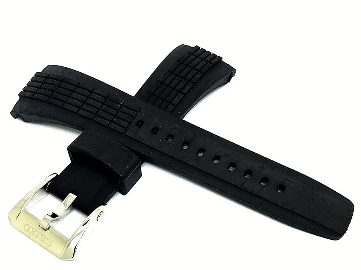 Seiko Men's Watch Band Replacement Black Rubber Strap 26mm Lug Silver Buckle