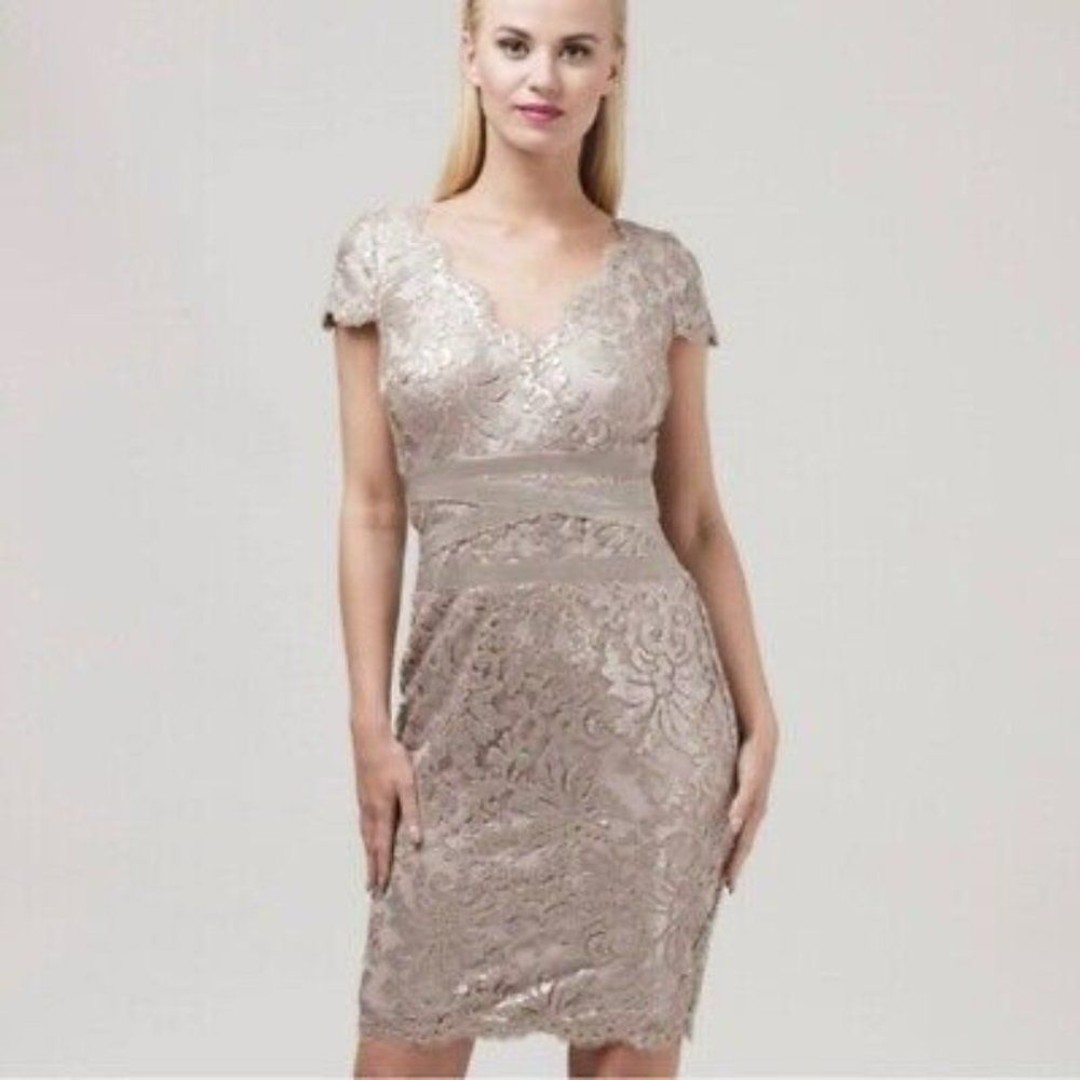 TADASHI SHOJI Gold Pailliette Embroidered Lace Sequin V-Neck Dress Women's Sz 8