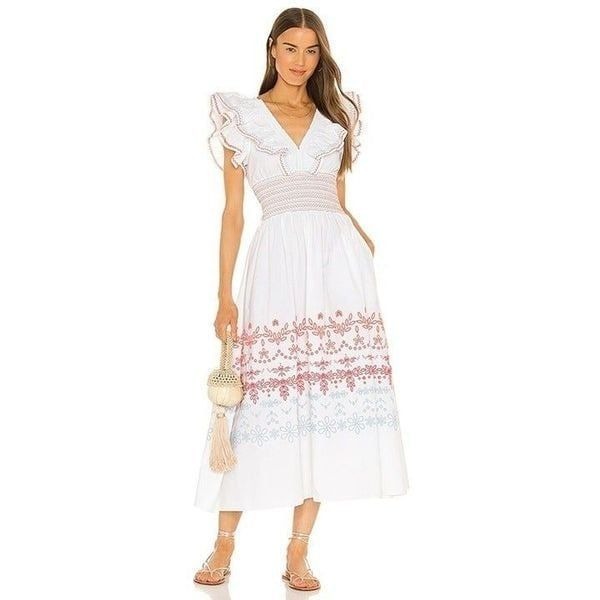 Something Navy Natalie Smocked Floral Midi Dress White Womens Size Small