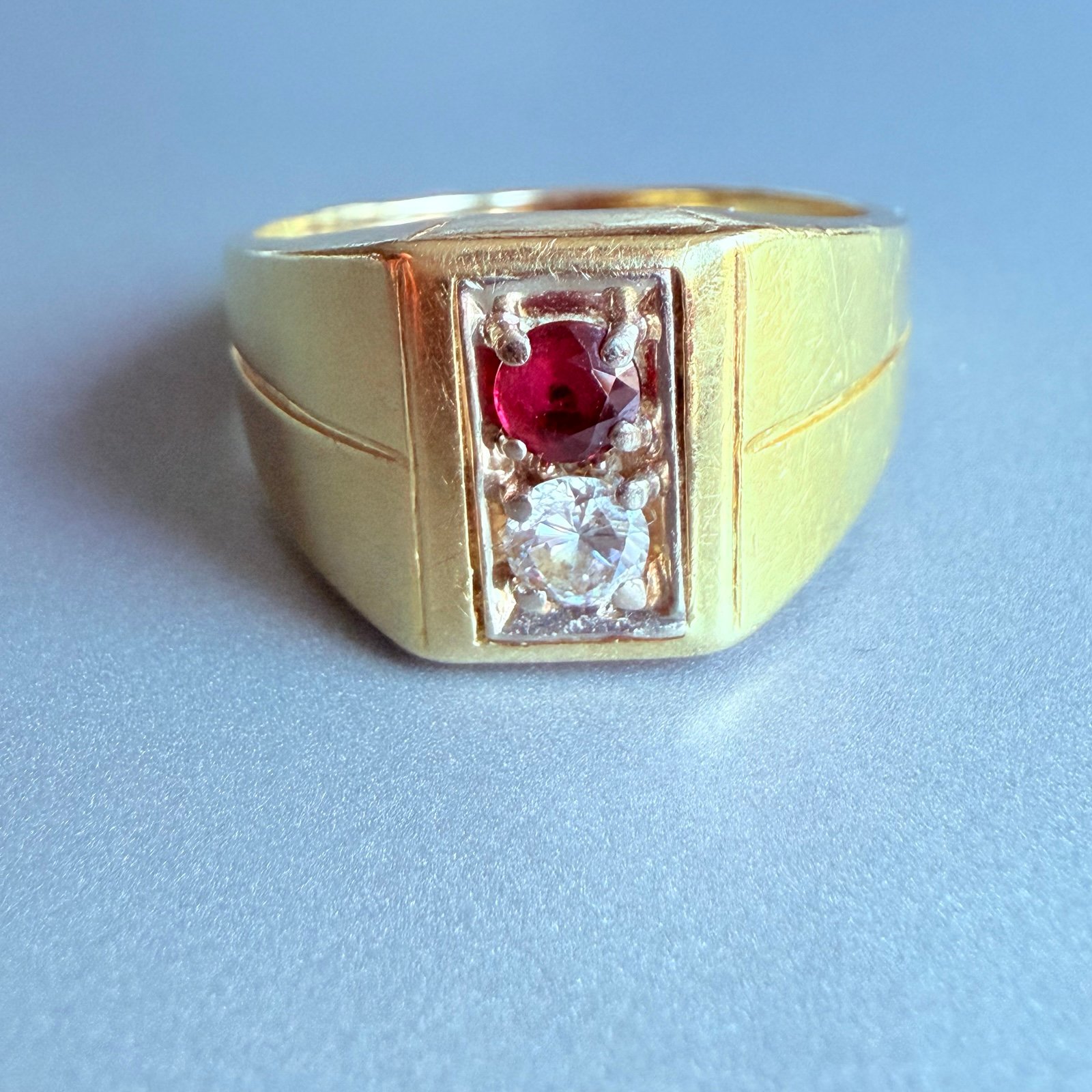 14k Gold Genuine Diamond And Ruby 2 Stone Men’s Vintage Rectangle Signet Ring