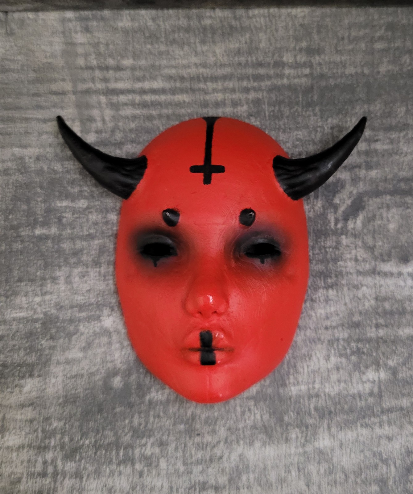 Traditional Oni Mask Japanese Mask Hand Painted 2.5In./6.5cm. Black And Red