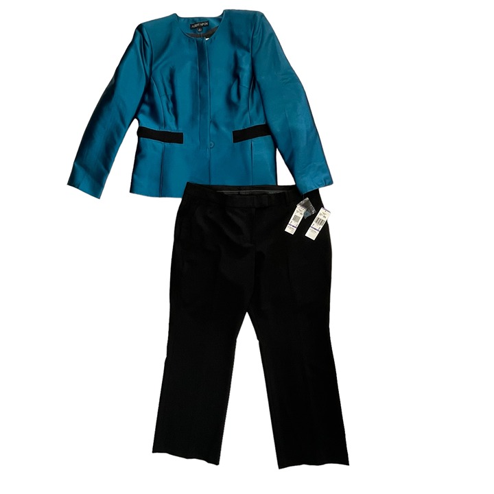 ALBERT NIPON Peacock Blue Wool & Silk 2PC Suit Blazer|Pants Set Size 18