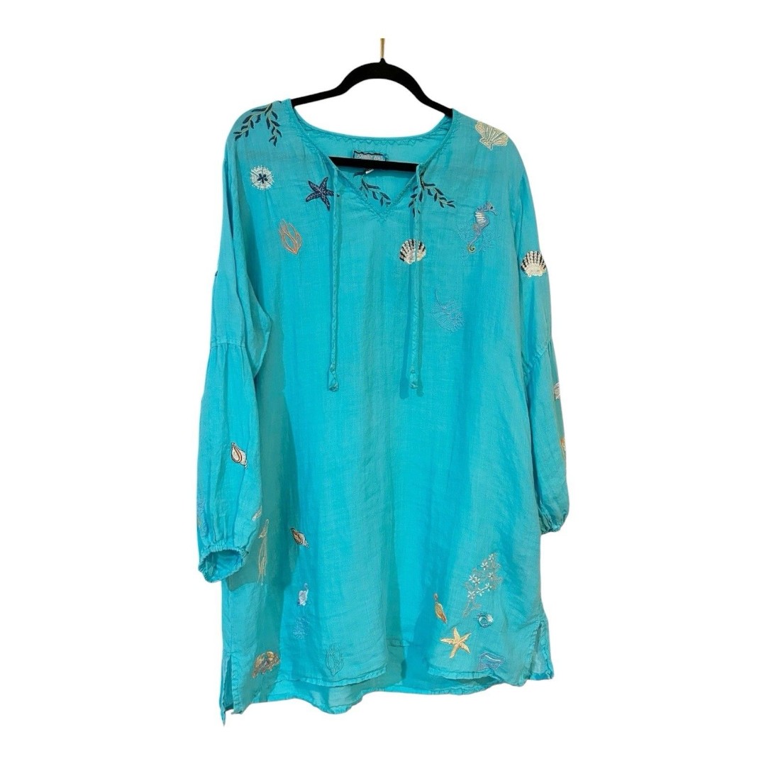 Johnny Was Workshop Tunic Coverup Sz L Shells Beach Seahorse Aqua Ramie