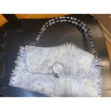 Genuine Goat hide fur small handbag, with top handles, silver gray