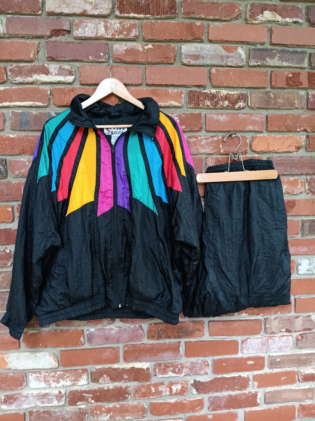 VTG Active Stuff Windbreaker Womens Jacket & Pants PS Black Rainbow 80s 90s