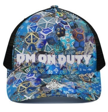 DM on Duty HAT D&D Dice collage -BLUE- Size M with adjustable back, black mesh