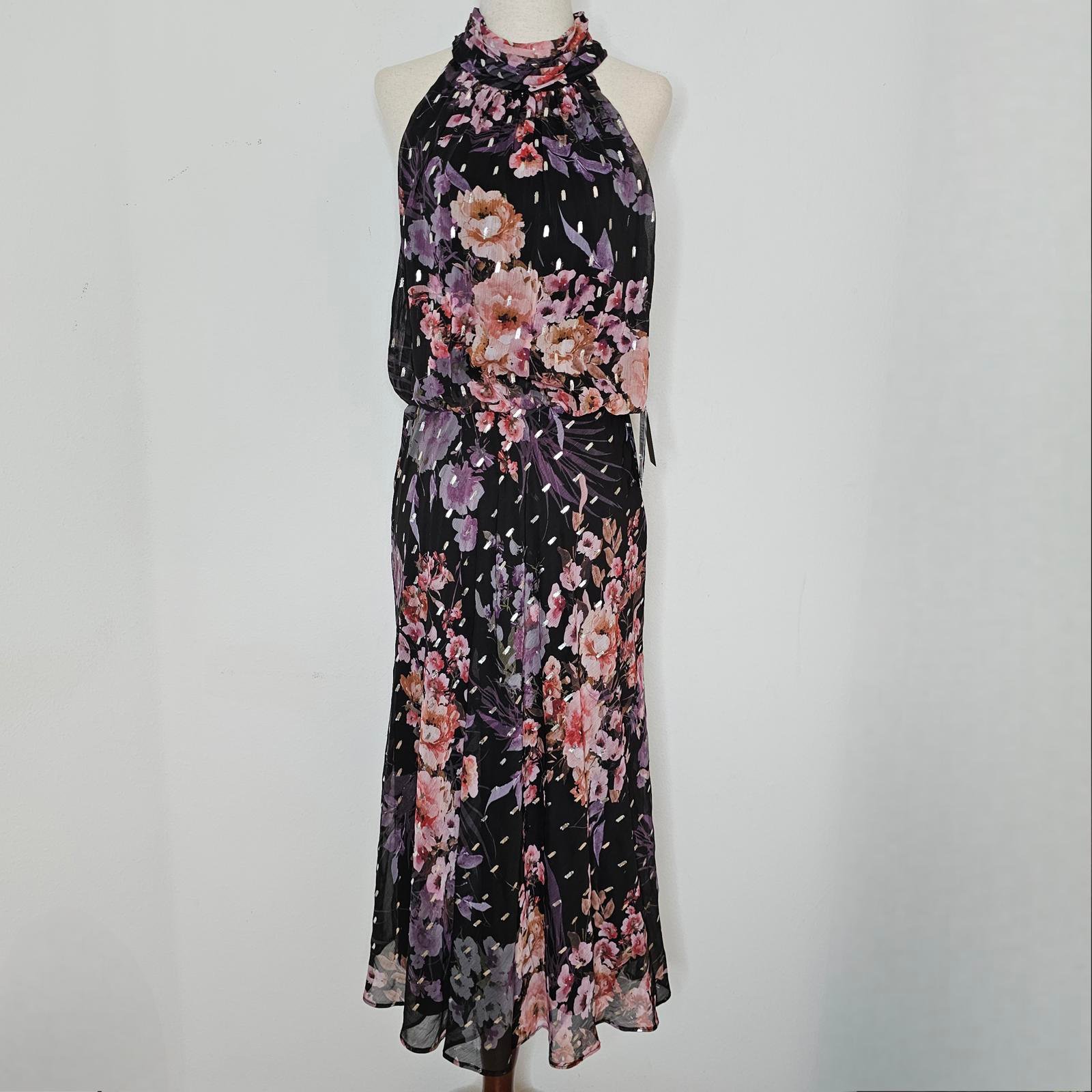 NWT Adrianna Papell Women's Black Floral/Chiffon Halter Dress Size 2