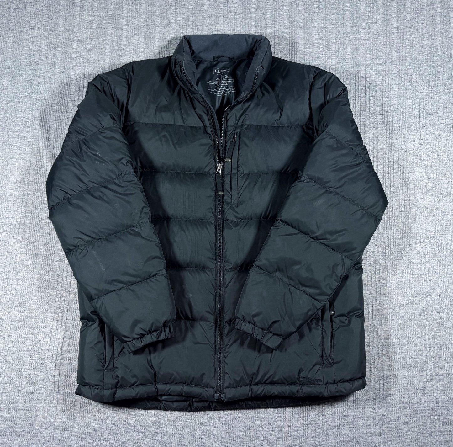 LL Bean Mens Goose Down Full Zip Puffer Coat Size L Tall Black Mock Neck Winter