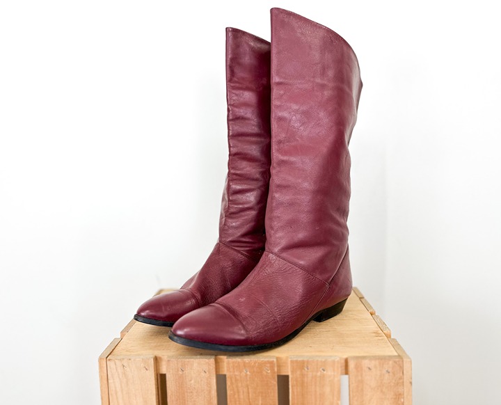 Vintage 70s-80s Dark Red Tall Slouchy Flat Leather Boots Women's 7.5