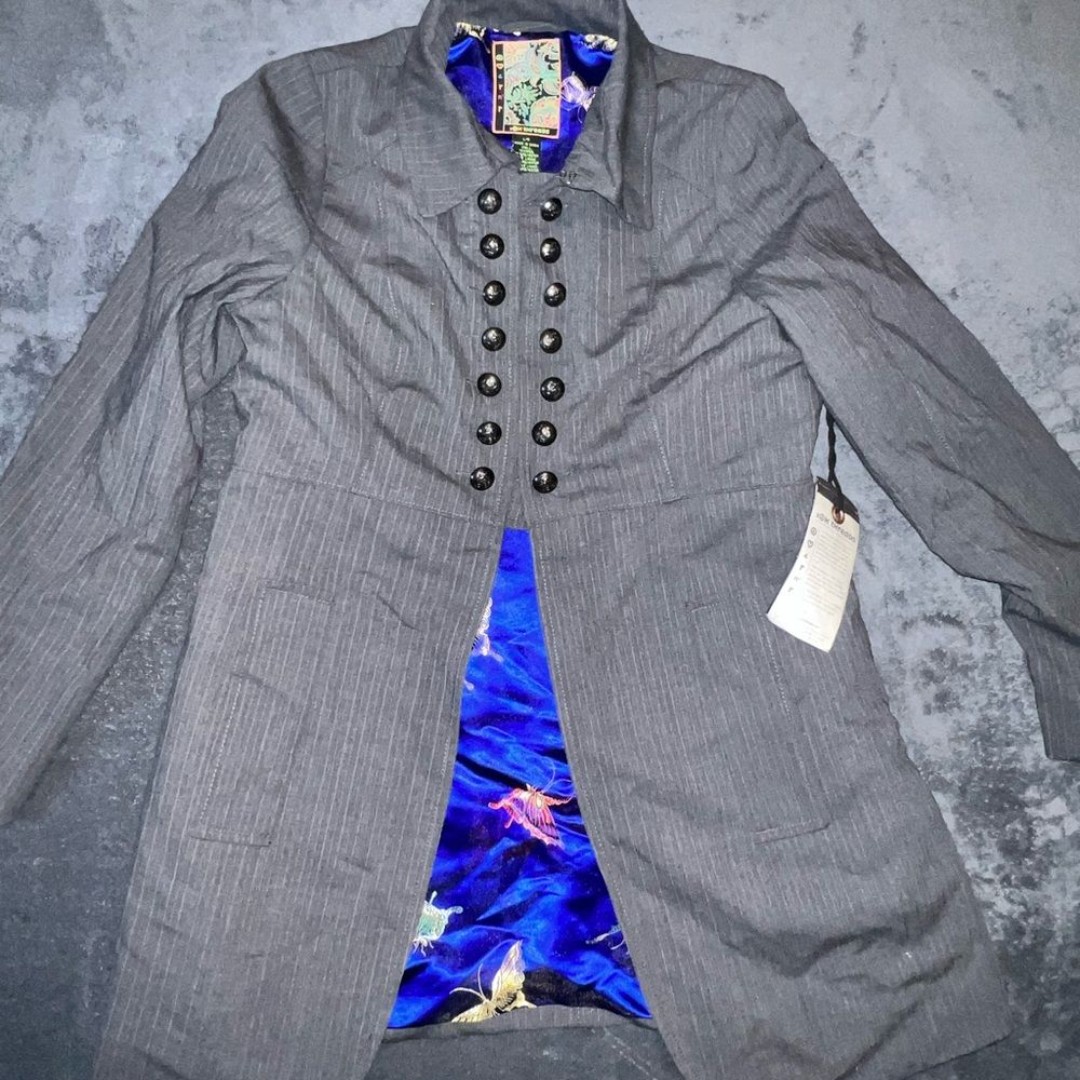 2 Old Hippies Blazer Jacket Womens Large Grey & Blue Silk Utility Grunge
