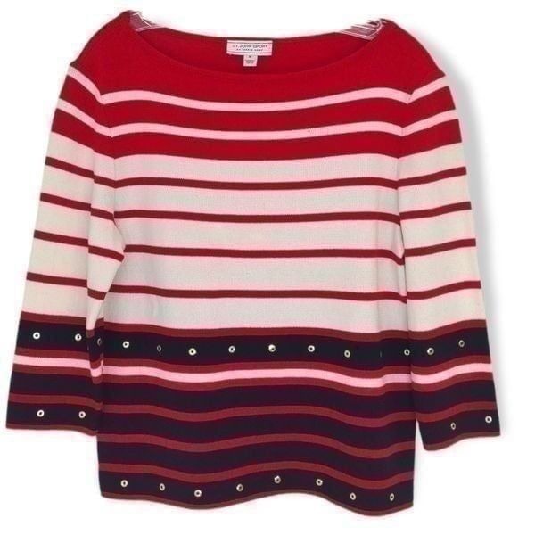 St. John Sport Red Ecru Black Sweater Cruise 3/4 Sleeves Vintage S