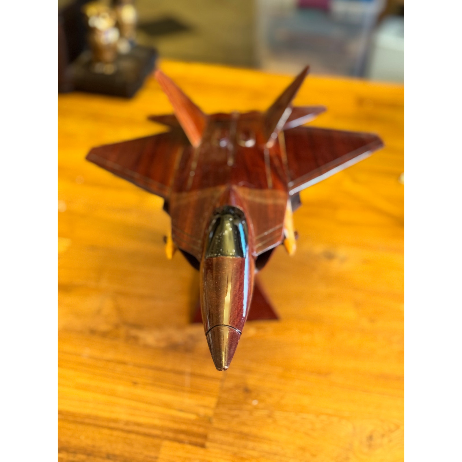 Vintage Wood Airplane made in Vietnam, Wood Jet Plane with missiles on stand