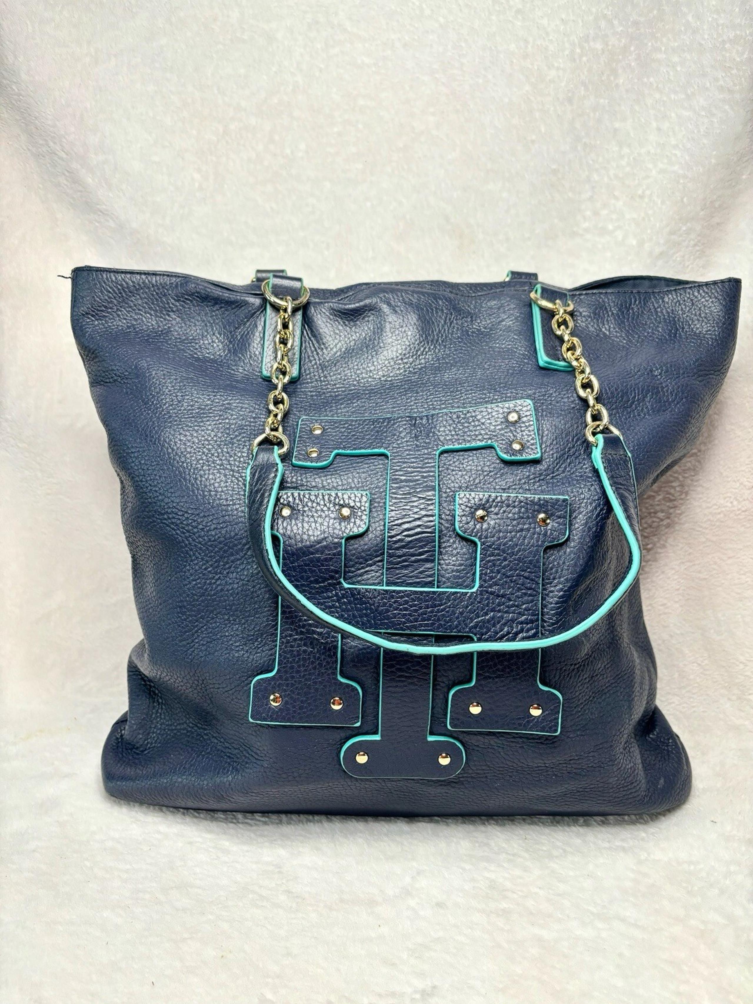 Tommy Hilfiger Large Leather Blue Teal Tote Bag With Gold Hardware Purse