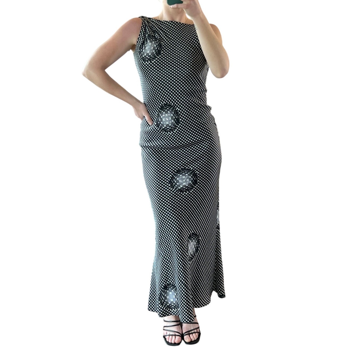 A.B.S by Allen Schwartz 100% Silk Polka Dot Rhinestone Open Back Maxi Dress (4)