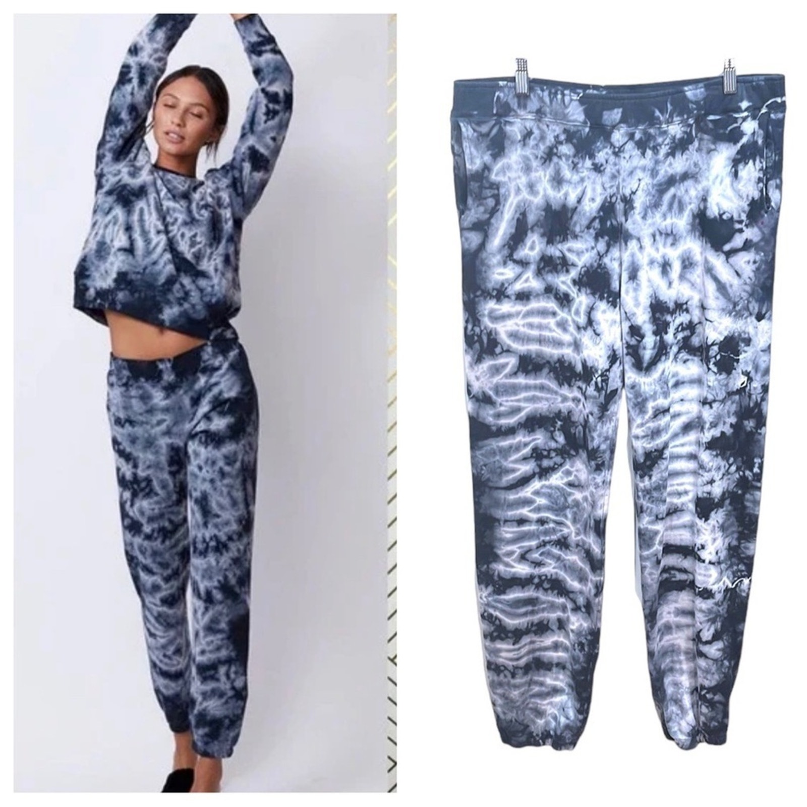 NWOT Monrow Crystal Tie Dye Boyfriend Sweat Pant Joggers Indigo White SZ XL