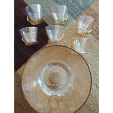 7pc Jeannette Marigold Punch Bowl Set Carnival Glass Egg Nog With 6 Cups