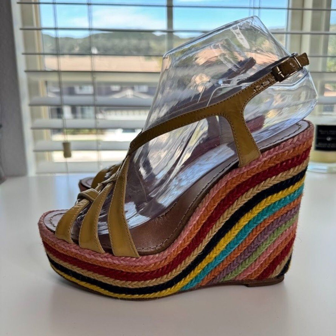 Kate Spade Espadrilles 5 Wedge Sandals 7.5 Patent Leather Rainbow Retro Hippie