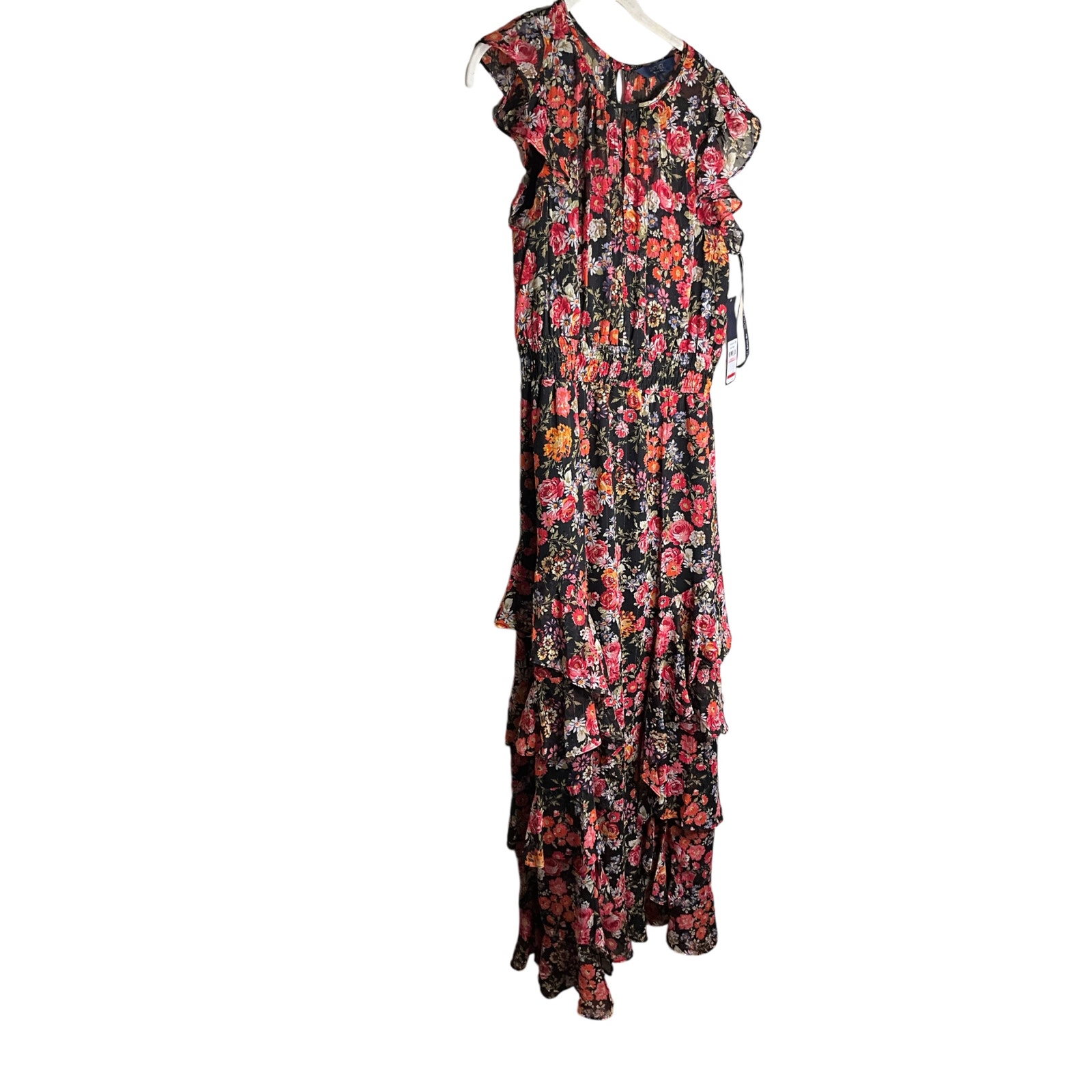 Rachel Roy Issa Maxi Dress Floral Tiered Ruffle Black Combo Womens Size 10 NWT