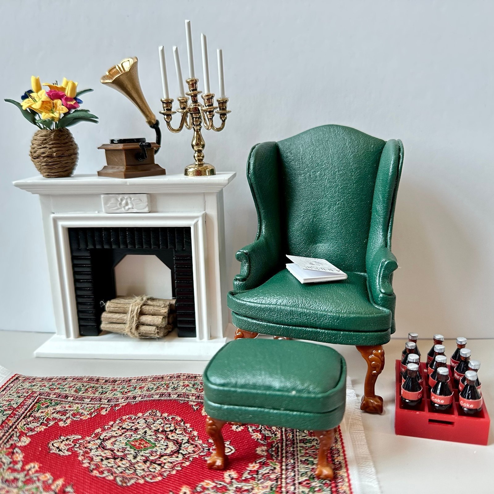 1:12 Leather Wing Chair and Ottoman with Fireplace & Wooden Surround Firebox