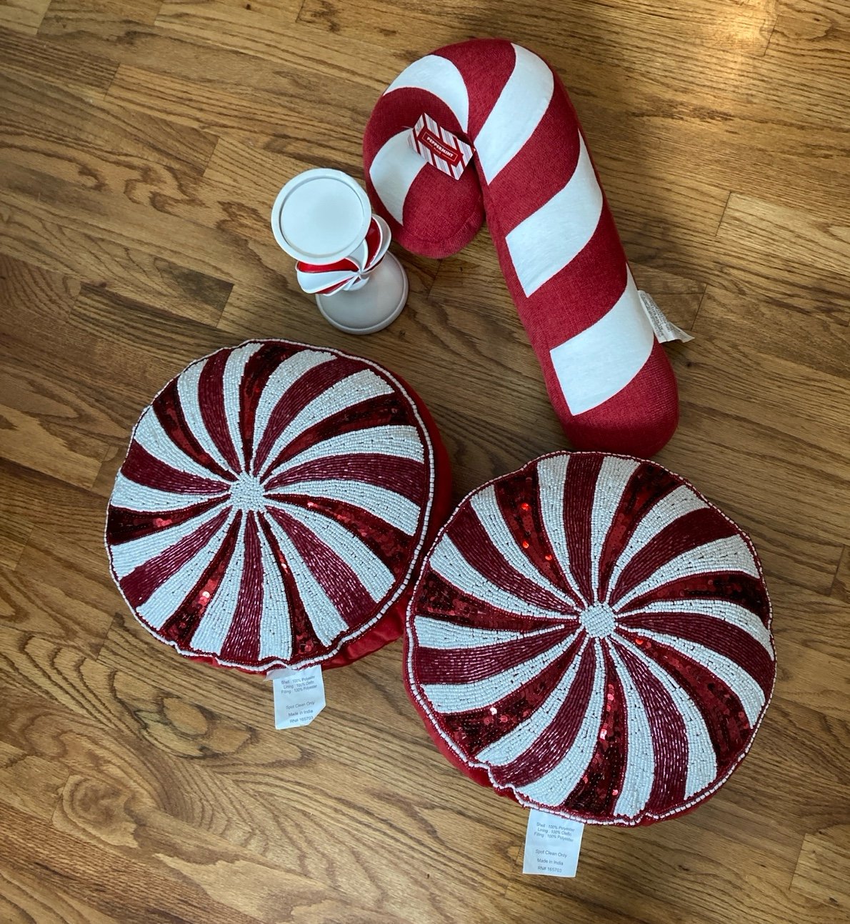 Candy Cane decorations- 3 pillows and a candleholder