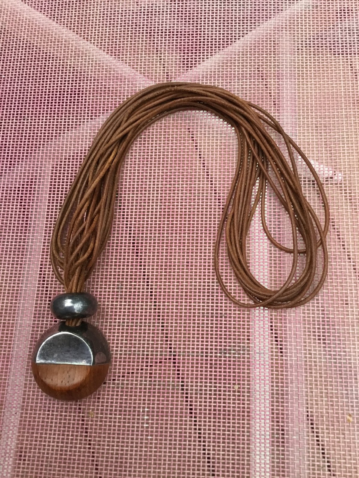 925 mid century modern sterling, wood & leather necklace strung on brown leather