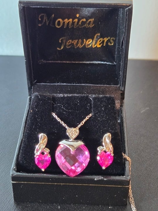 10K Gold Pink Heart Necklace & Earrings