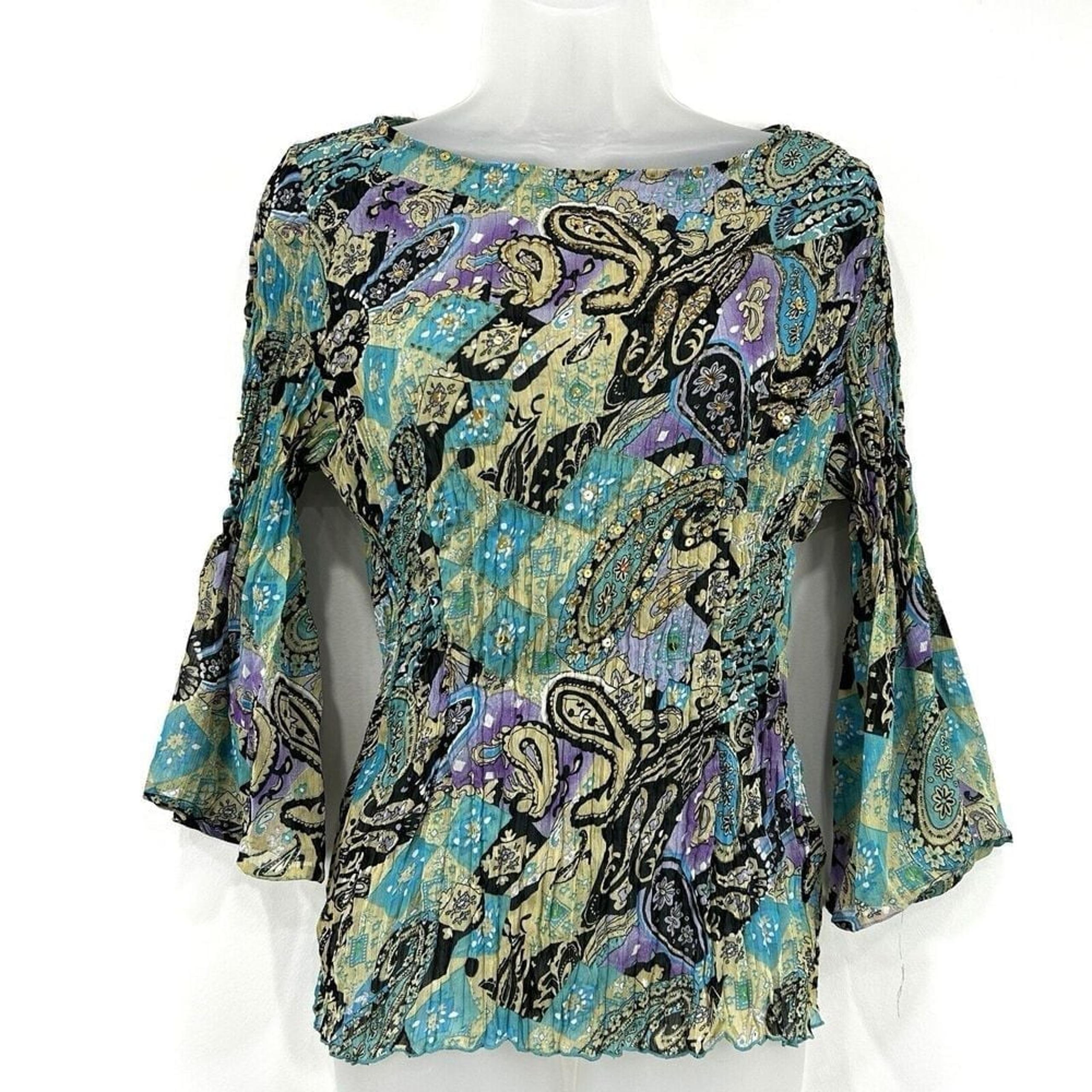 Kaelyn Max Top Women's L Paisley AOP VTG Fairy Crinkle Sequins Beads Artsy
