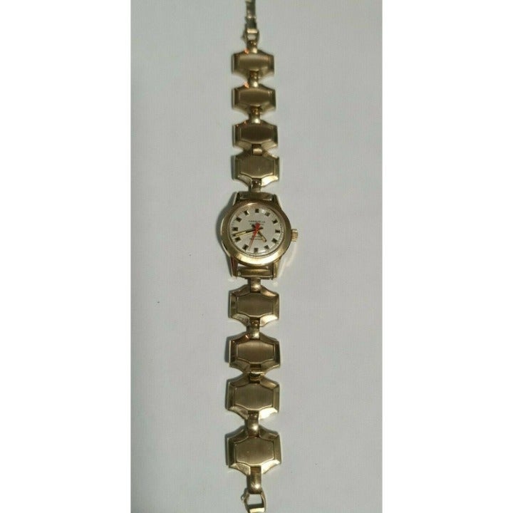 Vintage Caravelle Automatic Gold Watch w Speidel Band White Face 6.75 Links Y2K