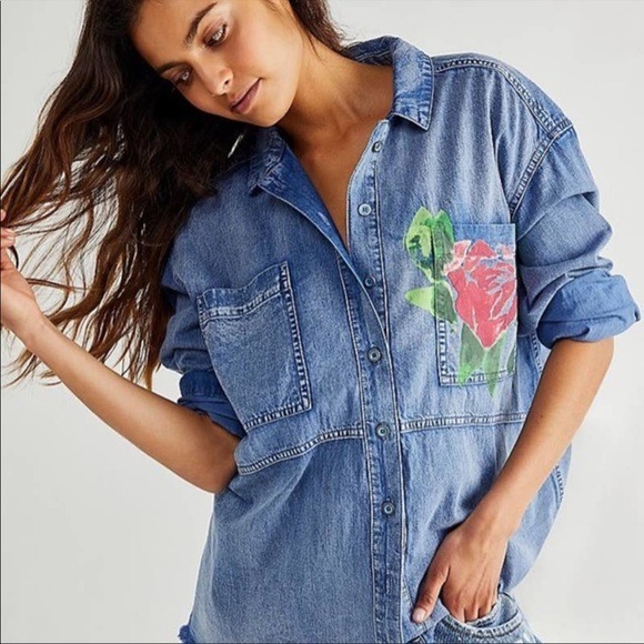 FP We The Free NWOT Rose Garden Painted Oversized Denim Button Down Shirt