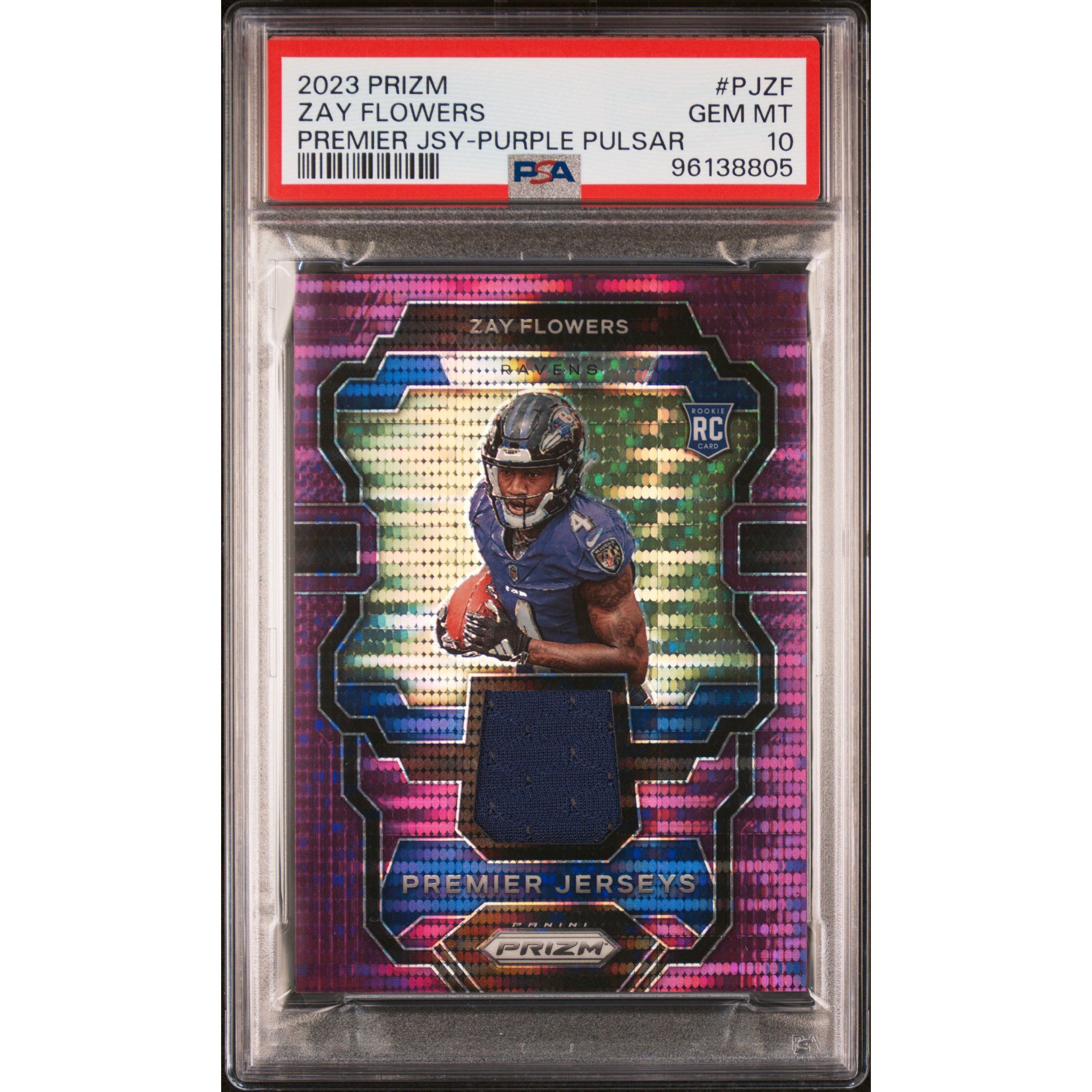 Graded 2023 Panini Prizm Zay Flowers #PJZF Premier Jersey Purple Pulsar Rookie