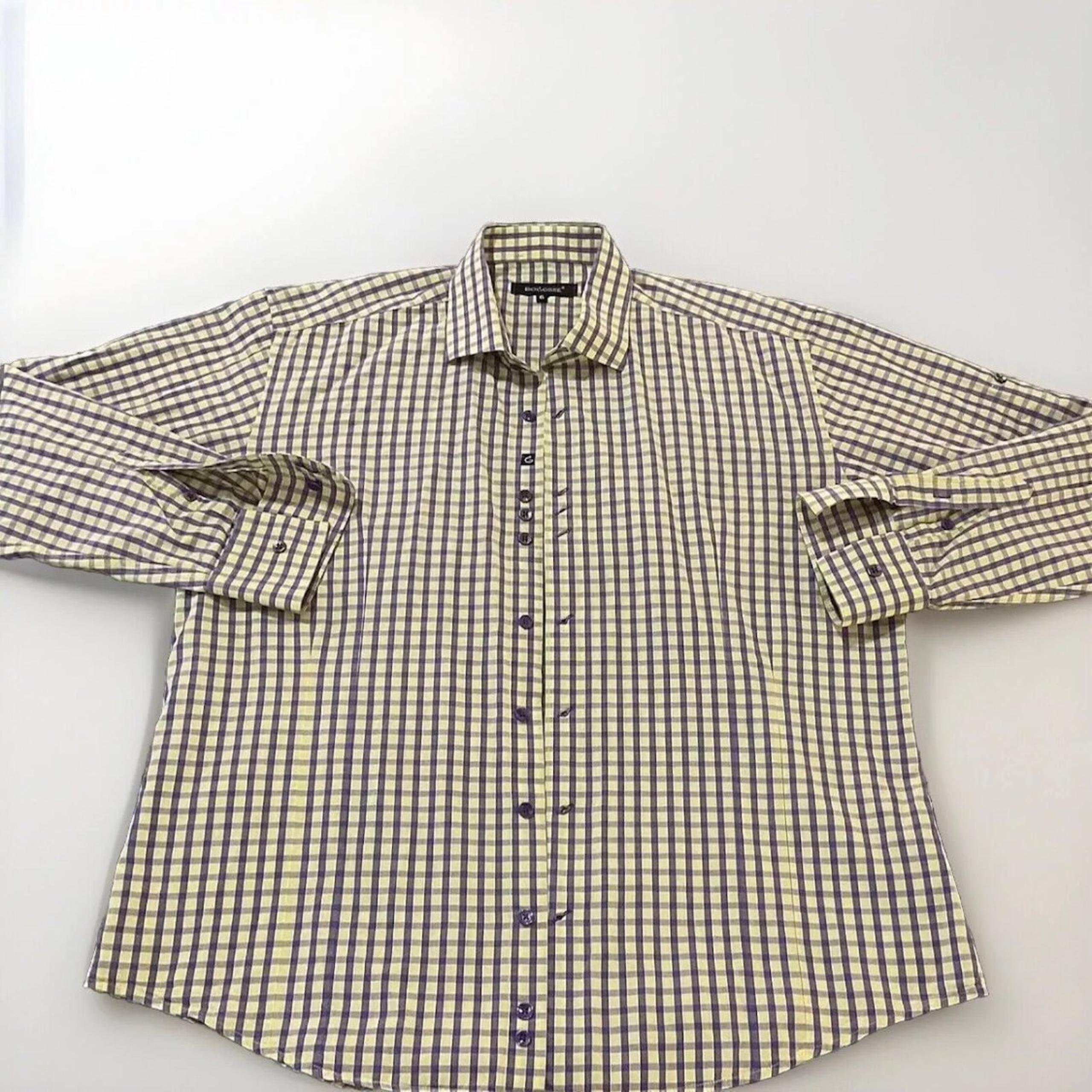 Bogosse men’s purple yellow check plaid button down dress shirt size 6
