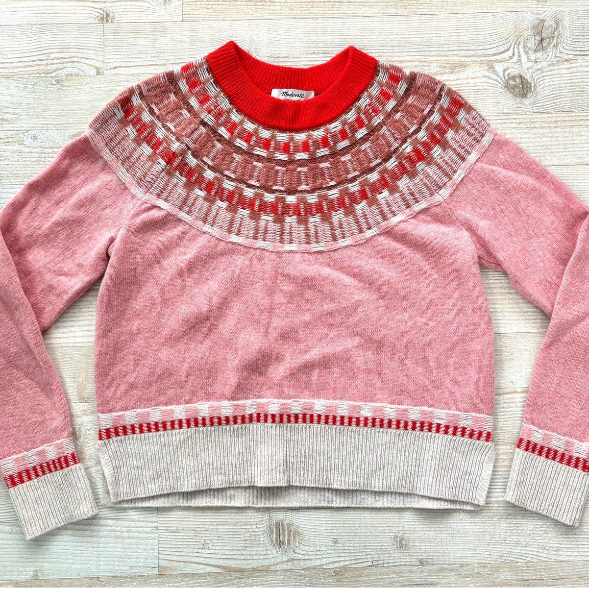 Madewell Fair Isle Mayer Merino Blend Pullover Sweater | Pink Small