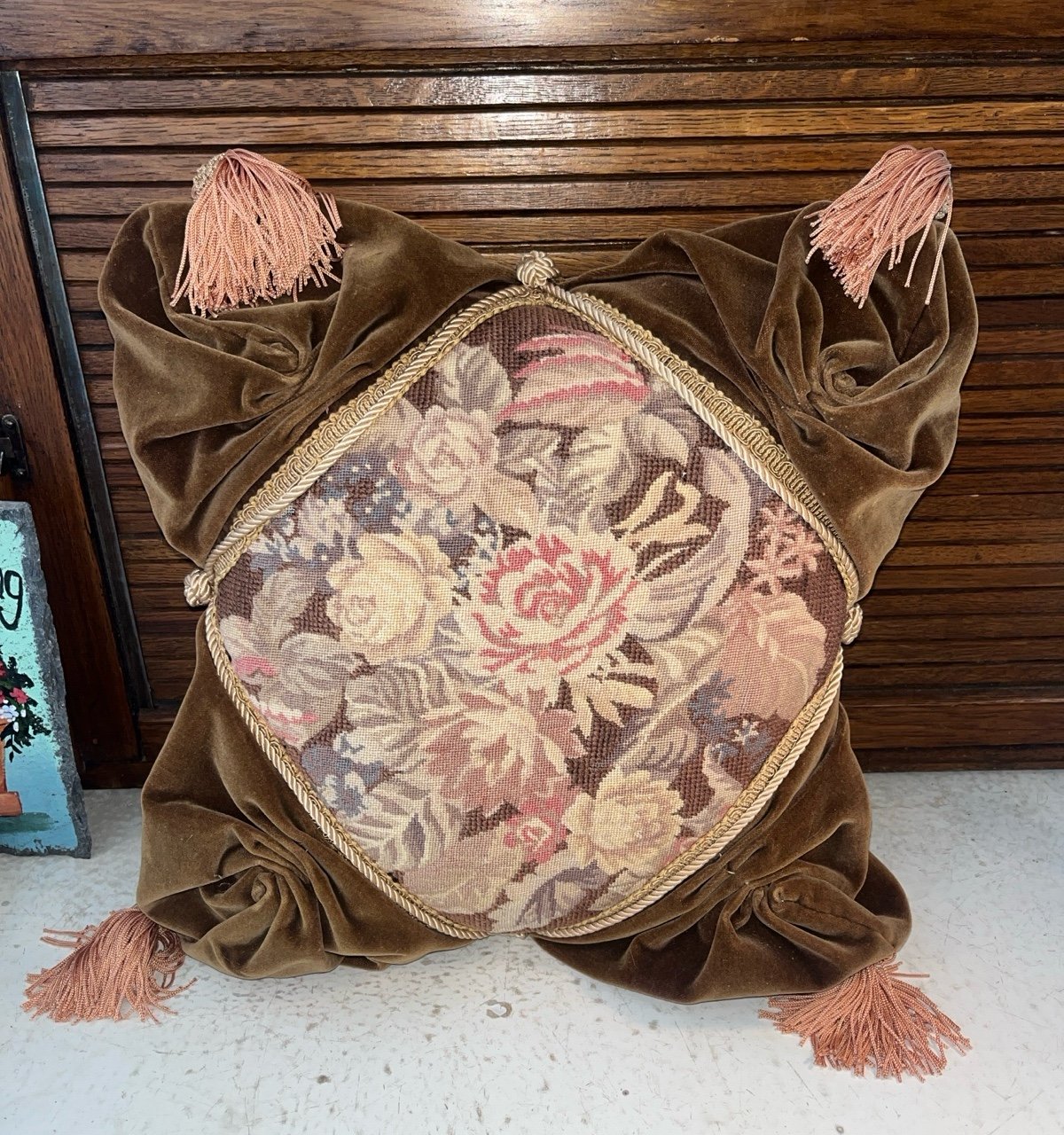 Victorian style vintage petite point floral roses, pink tassels pillow