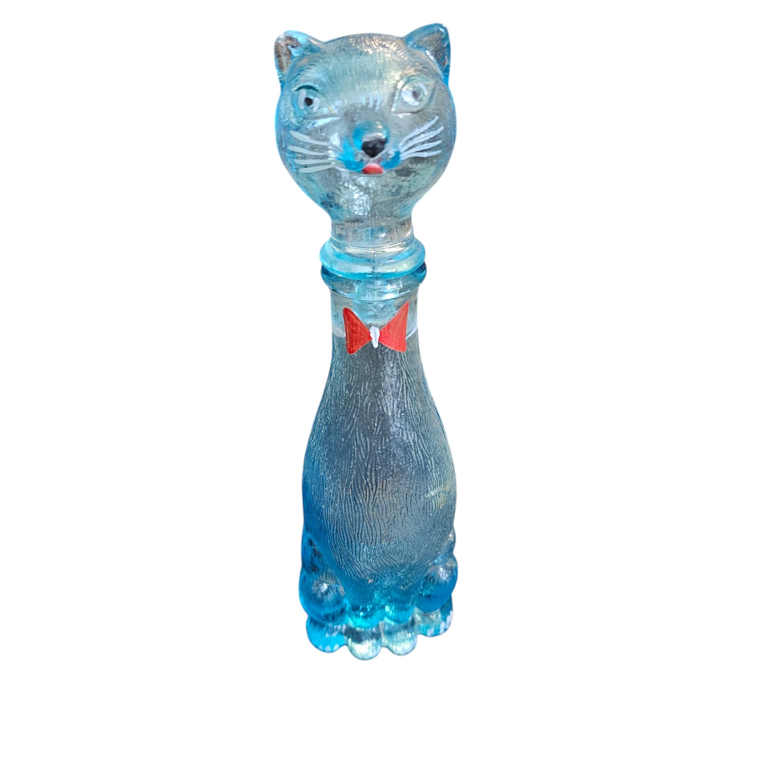Vintage Empoli Painted Details Cat Decanter MCM Italian Blue Glass 10 Bow Tie