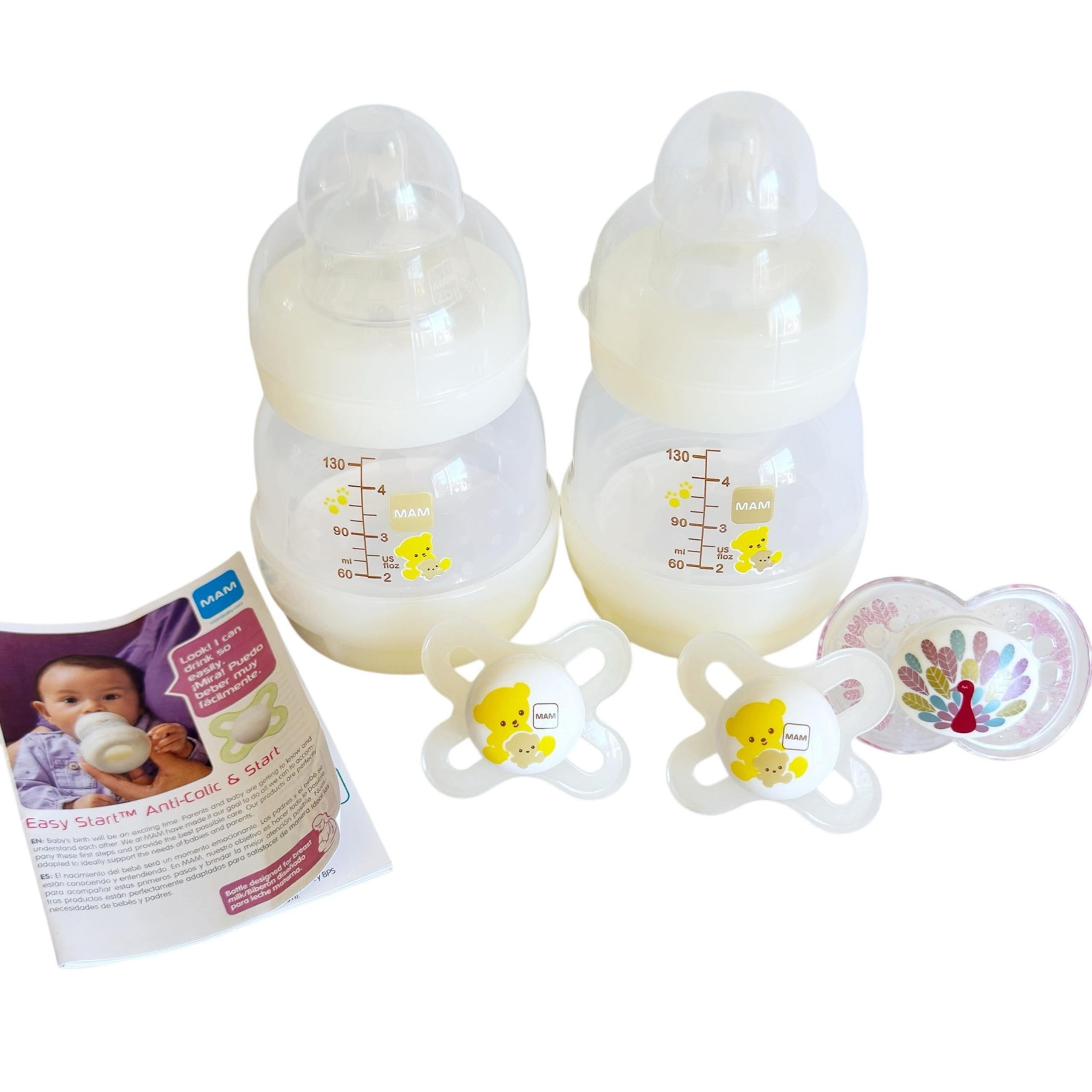 2 Pack MAM Baby 4.5 Ounce Anti-Colic Baby Bottles & 3 Pacifiers New Clear 130mL