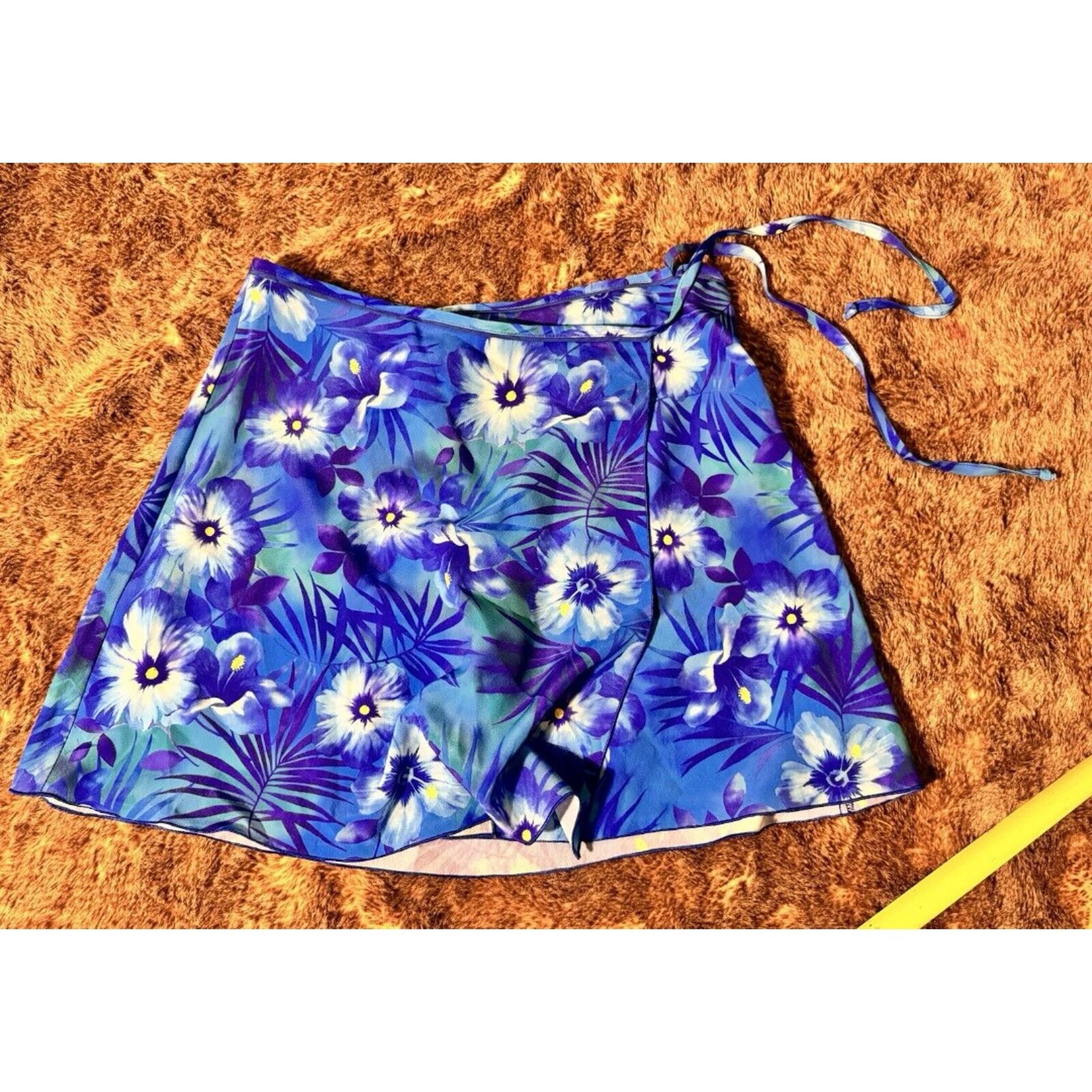 VTG Exact Change Short Swim Suit Cover Up Wrap Skirt blue purple Floral Hawaii