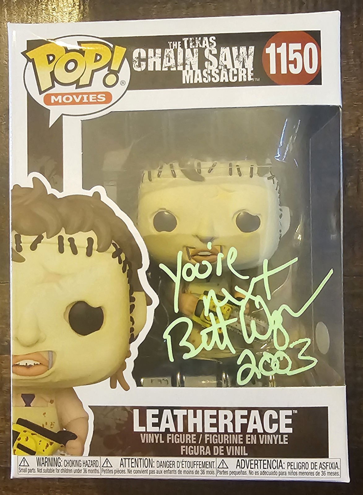 Brett Wagner signed Leatherface Teaxas Chainsaw Massacre Funko Pop #1150 with Yo