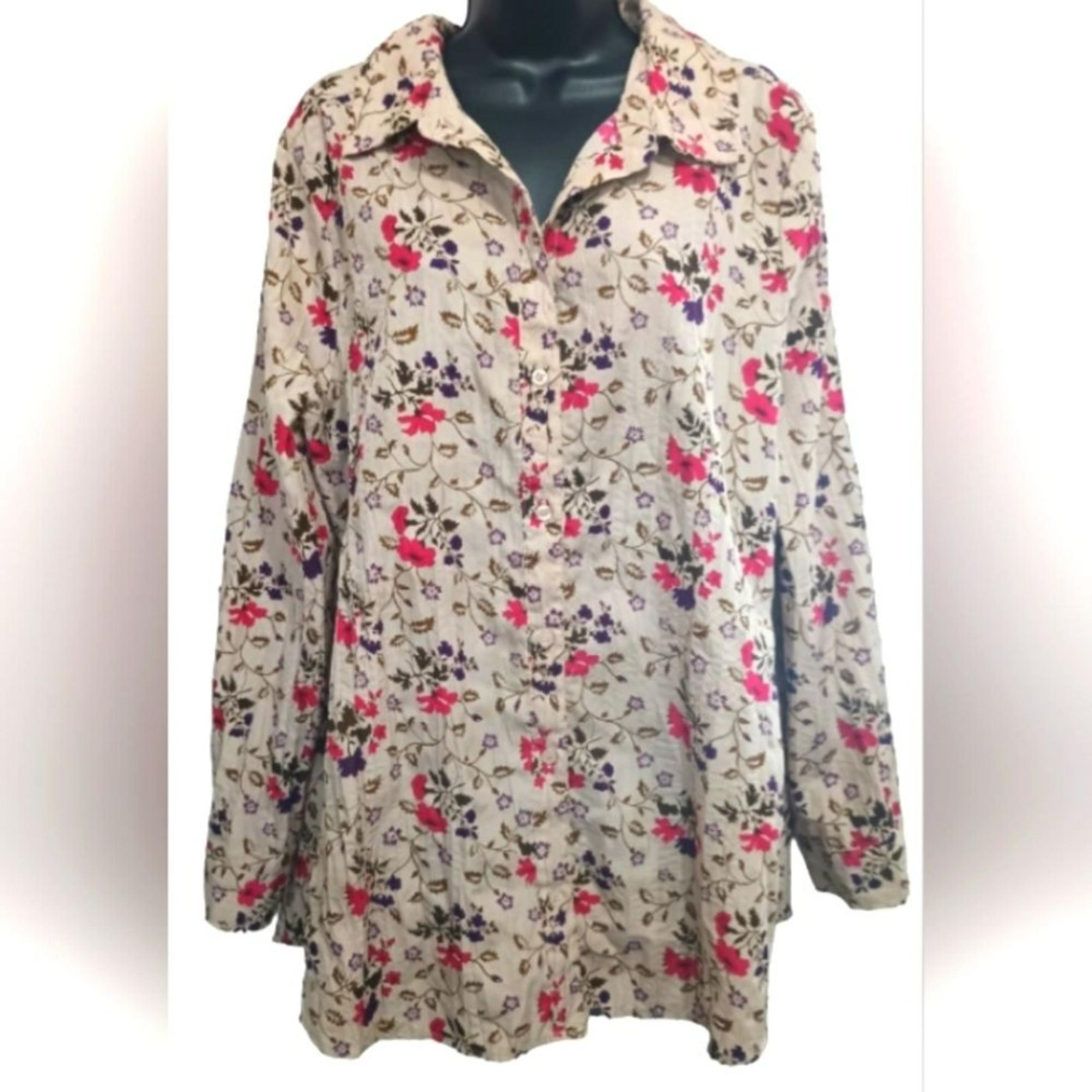 Just My Size Shirt, Size 2X, Tan Floral Button Down Blouse, Business or Casual