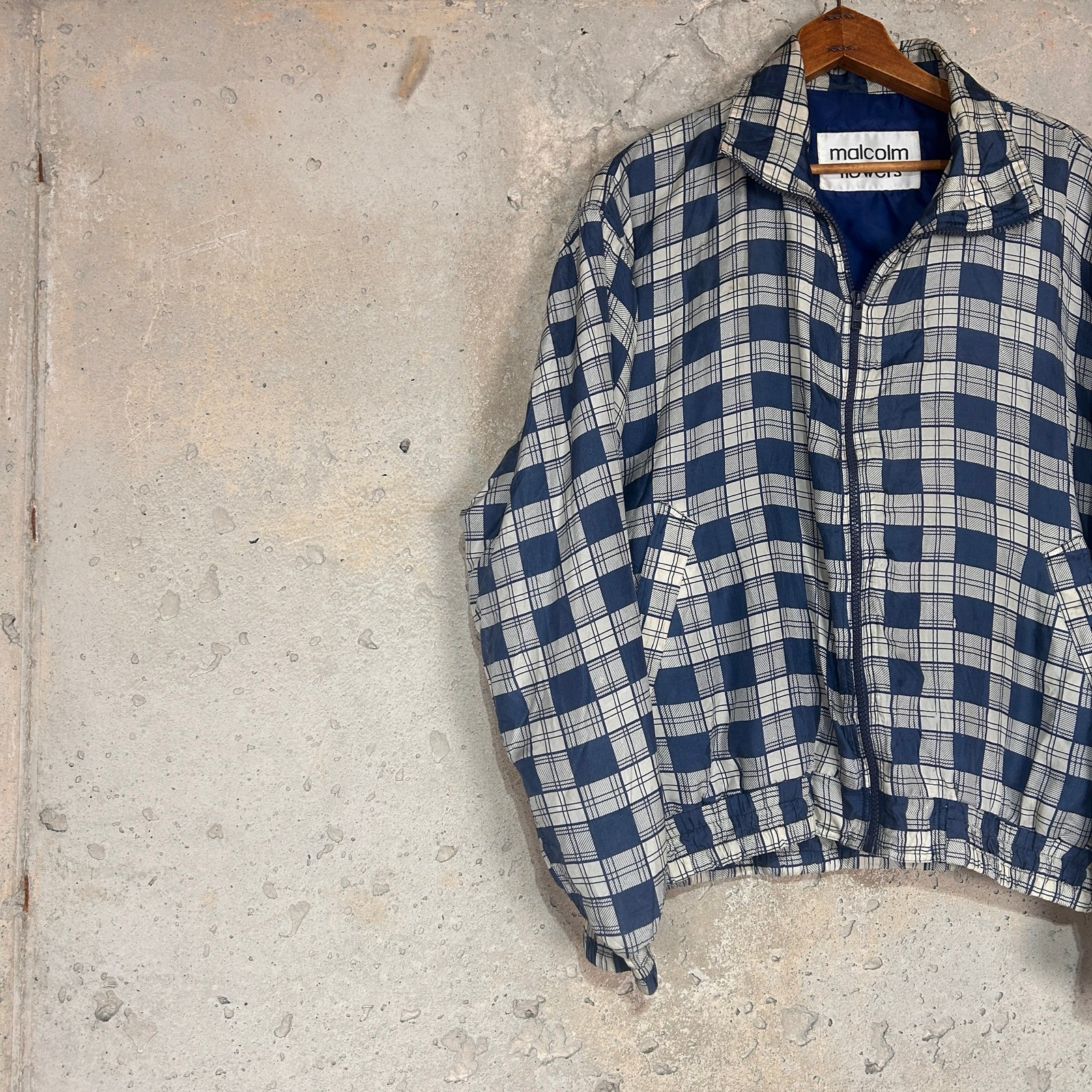 Vintage 80s Malcom flowers navy off white plaid zip up silk bomber jacket