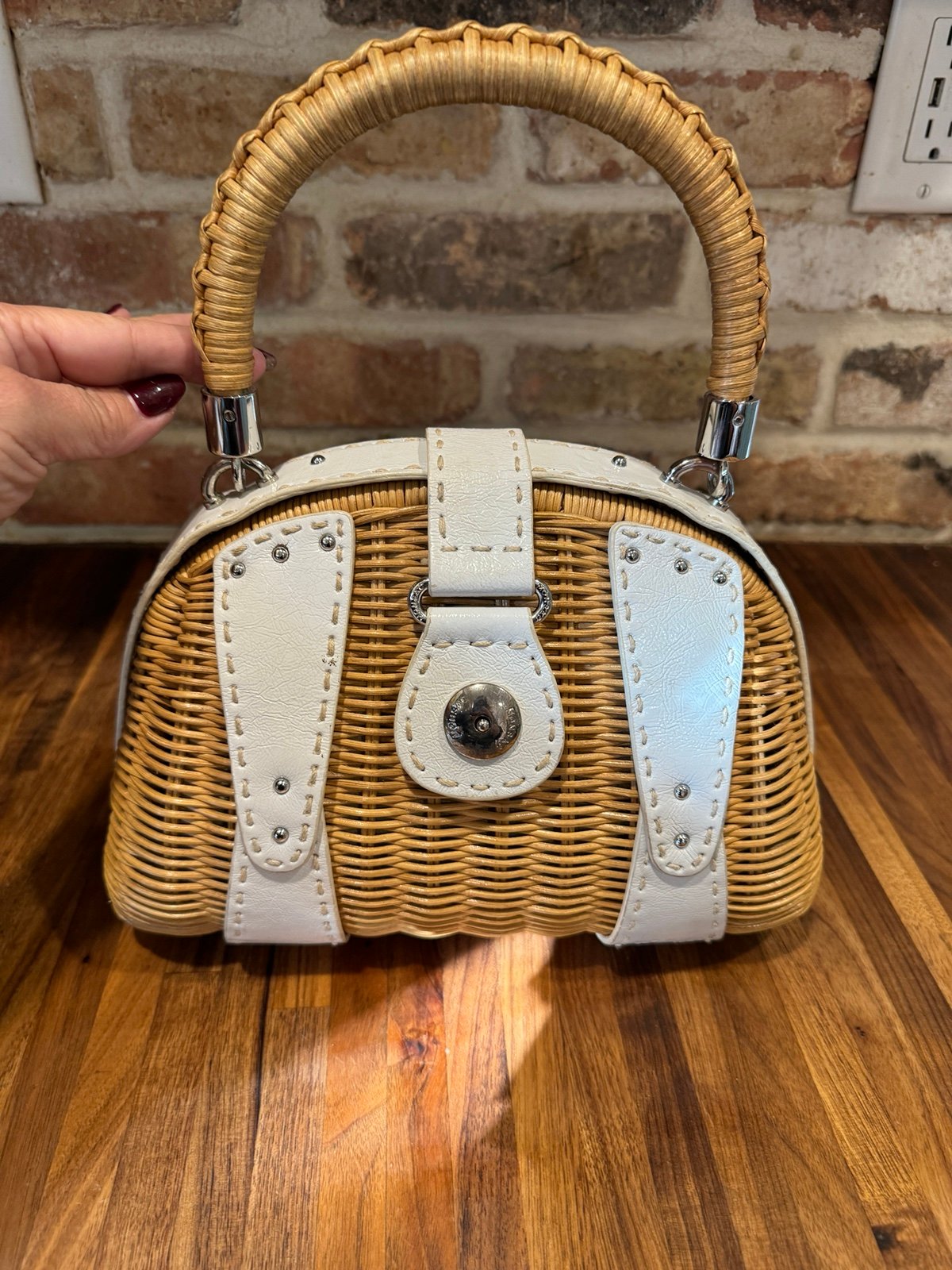 Vintage Monsac Wicker Straw Rattan & Leather Top Handle Basket Handbag Purse