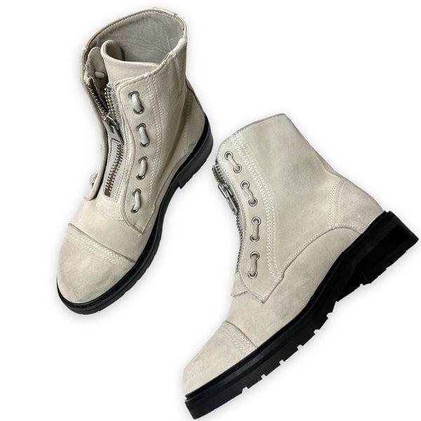 NEW All Saints Ariel Suede Biker Combat Boot Zip Up Front Off White Size 6.5