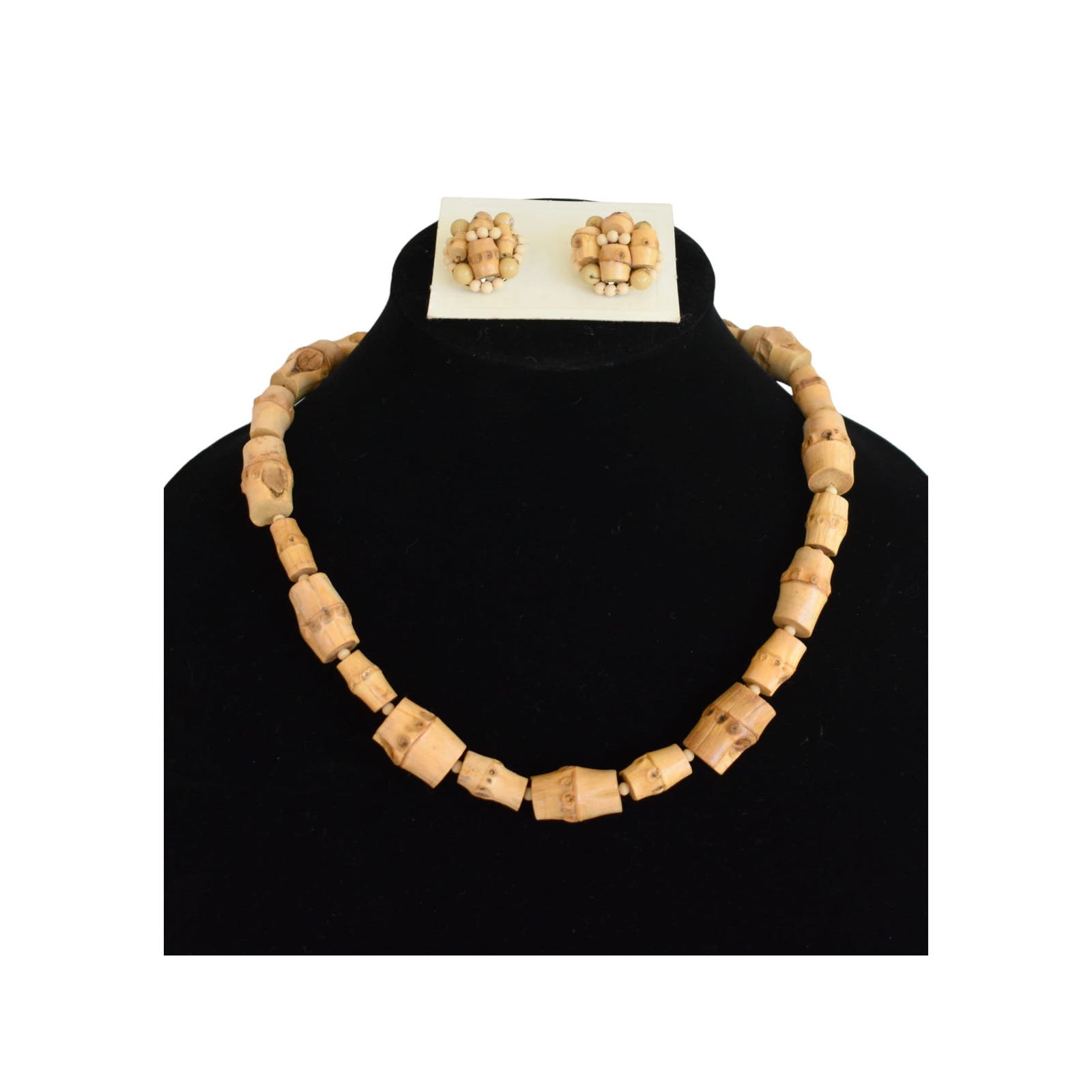 Vintage 60s Bamboo Beads Necklace and Earrings Set, Demi Parure, Mint in Box