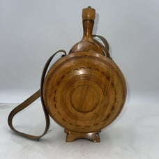 Vintage HANDMADE CARVED Walnut Wood Flask Canteen Bottle Bar Decor