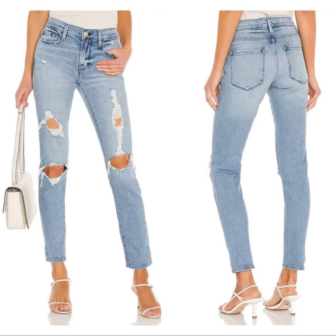Frame Denim Le Garçon Distressed Slim Straight Leg Blue Jeans Beldon Rips 26
