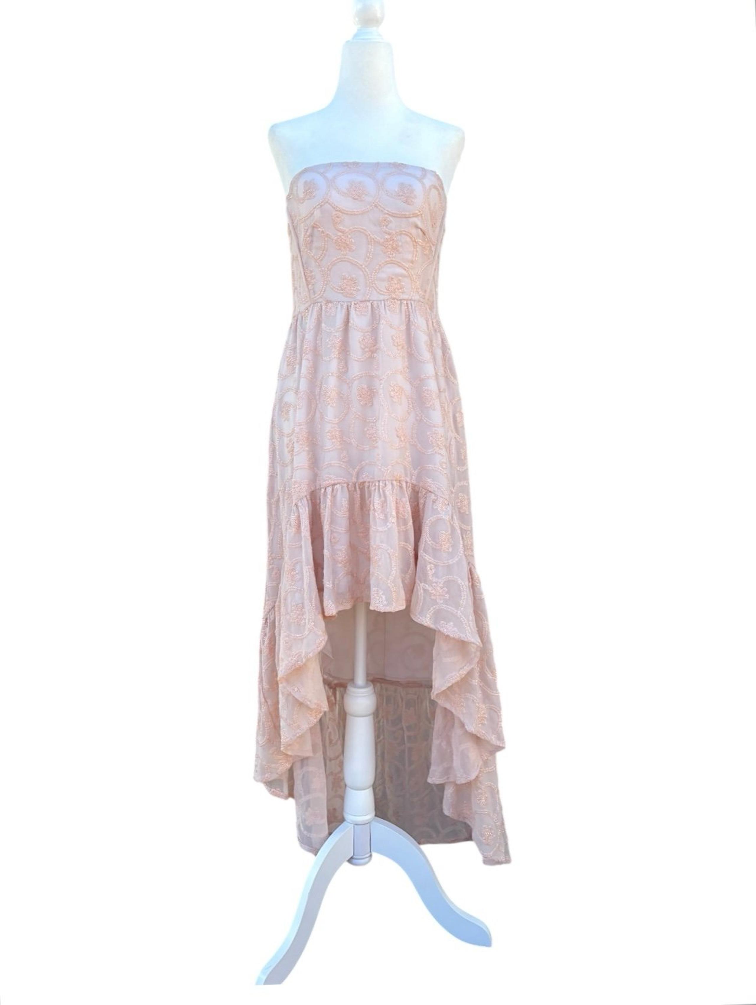 Kimchi Blue UO Floral Sequin Ruffle High Low Strapless Formal Dress Peach Pink 6